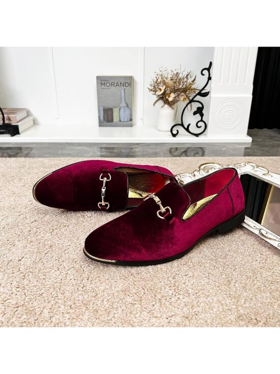 Men Burgundy Velvet Penny Loafer Metal Buckle Slip On Luxury Suede Formal Shoes